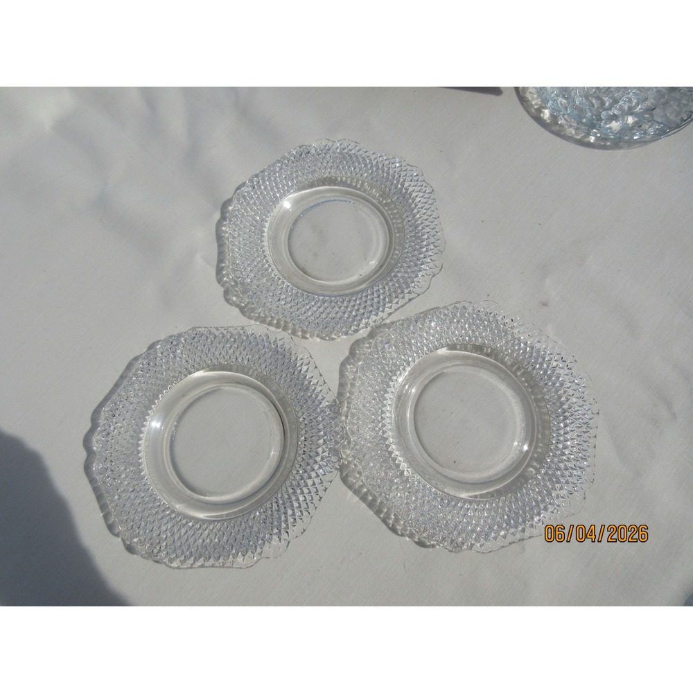 Vintage Clear Pressed Glass Diamond Point Scalloped Edge Dessert Plates Set of 3